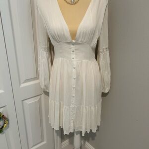 Blue Rain Long Sleeve White Dress